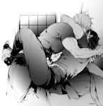  2boys between_legs boy_on_top commentary_request compression_shirt french_kiss from_side geto_suguru gojo_satoru greyscale hair_bun jujutsu_kaisen kiss leg_lock long_hair male_focus monochrome multiple_boys on_bed pants pectorals piyo_p short_hair translation_request yaoi 