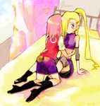  2girls arm_support bed blonde_hair blue_eyes fishnets hair_ornament hair_over_one_eye hairclip haruno_sakura heart leaning_back long_hair multiple_girls naruto pink_hair ponytail sitting yamanaka_ino yokige 