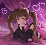  1girl ahoge ahoyim bed bedroom black_collar black_nails black_shirt blush brown_hair collar commentary_request fingernails fish_skeleton grin hakozaki_serika hakozaki_serika_(everyone_is_special) hand_on_own_chin head_rest heart heart_in_eye highres idolmaster idolmaster_million_live! idolmaster_million_live!_theater_days indoors long_hair long_sleeves looking_at_viewer lying nail_polish official_alternate_costume on_bed on_stomach pink_sailor_collar pink_skirt plaid_clothes plaid_sailor_collar plaid_skirt sailor_collar shirt skirt smile solo symbol_in_eye twintails yellow_eyes 