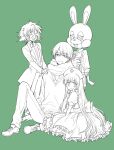  1girl 3boys arm_behind_back back_bow bow bowtie child coat collared_shirt commentary_request cross-shaped_pupils dress frilled_dress frills gas_mask green_background greyscale_with_colored_background half-closed_eyes hand_on_another's_shoulder hand_on_own_arm hand_rest hat highres lineart long_hair looking_at_viewer mamiya_(arisugawa) mamiya_(niigaki) mamiya_(touma) mamiya_yumehisa mascot_head mask mole mole_under_eye multiple_boys natsume_(kaza_midori72) nurse nurse_cap puffy_short_sleeves puffy_sleeves rabbit_mask scarf sekai_metsubou_kyouyuu_gensou_mamiya shirt short_hair short_sleeves shorts sitting standing suspenders sweater symbol-shaped_pupils v-neck very_long_hair 