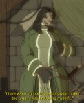 absurd_res anthro belt big_ears breasts busty_boy_(lore) clothed clothing danadriel detailed_background english_text fur grey_body grey_fur grey_hair gynomorph hair hi_res in_heat intersex lagomorph leporid long_hair male_(lore) mammal medieval medieval_clothing melee_weapon nipple_fetish nipple_play omegaverse rabbit robe self_grope signature solo story story_in_description sword text weapon wide_hips