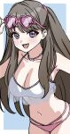  1girl :d bikini breasts brown_hair cleavage collarbone commentary eyewear_on_head fujishima_megumi fujishima_megumi_(swimsuit) large_breasts long_hair looking_at_viewer love_live! love_live!_hasu_no_sora_jogakuin_school_idol_club mismatched_bikini multi-strapped_bikini_bottom navel open_mouth pink-framed_eyewear pink-tinted_eyewear pink_bikini purple_eyes smile solo stomach sunglasses swimsuit tenteko_kome tinted_eyewear two_side_up virtual_youtuber white_bikini 