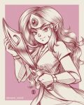  1girl artist_logo arzette:_the_jewel_of_faramore breasts circle commentary english_commentary hair_ornament hatching_(texture) holding holding_sword holding_weapon jose_salot logo medium_breasts monochrome pink_background pointy_ears princess_arzette sketch smile solo sword twitter_username upper_body v-shaped_eyebrows vambraces weapon 