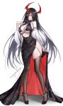  1girl azur_lane black_dress black_hair black_shoes breasts commentary commission dress evangellium feather_boa friedrich_der_grosse_(azur_lane) hair_over_one_eye high_heels highres horns long_hair red_horns red_nails shoes signature solo thighhighs yellow_eyes 