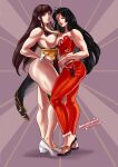  2girls bardy_warrior black_dress breast_press breasts brown_eyes brown_hair chun-li chun-li_(battle_outfit) commentary commission dress english_commentary highres large_breasts long_hair multiple_girls official_alternate_costume shiranui_mai shiranui_mai_(sf6_outfit_3) sideboob street_fighter street_fighter_6 street_fighter_v symmetrical_docking the_king_of_fighters thick_thighs thighs 