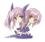  2000s_(style) 2girls back-to-back bow closed_mouth commentary_request dress elehime full_body hair_bow kousaka_alice kousaka_maria long_hair looking_at_viewer multiple_girls open_mouth pink_hair purple_bow purple_dress purple_sandals sandals siblings simple_background sisters smile suigetsu sundress twins white_background yellow_eyes 