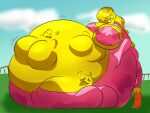 4:3 anthro avian belly big_belly big_breasts bird bovid bovine bra breast_imprints breasts butt chicken claws clothing cow_onesie face_imprint female field galliform hand_on_belly hi_res imprint kip_(large-rarge) looking_at_belly lying mammal mass_vore multiple_prey on_front onesie phasianid prey_imprint the_hookaloof underwear vore yellow_body