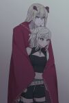  1boy 1girl artist_self-insert azbar_(dragon_quest) belt black_shirt black_shorts blonde_hair blue_eyes blush breasts cape colored_skin commentary_request couple cowboy_shot demon_boy dragon_quest dragon_quest_x gradient_background grey_background hetero highres horns hug hug_from_behind long_hair midriff navel oc_x_canon oonohodq10 original pink_skin pointy_ears ponytail purple_eyes red_cape red_horns shirt shorts small_breasts studded_belt studs sweatdrop 