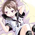  1girl arm_behind_head bed_sheet black_neckerchief black_ribbon black_sailor_collar black_skirt black_socks blush brown_eyes brown_hair commentary hair_ribbon kantai_collection kneehighs looking_to_the_side lying neckerchief on_back pillow ponytail ribbon sailor_collar school_uniform serafuku shikinami_(kancolle) short_sleeves skirt socks solo sweat watarai_keiji 