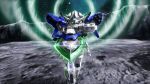  absurdres blue_eyes charging_forward chinese_commentary commentary_request denh exia_repair_ii foreshortening glint gn_particles gn_sword green_eyes gundam gundam_00 gundam_exia highres holding holding_sword holding_weapon mecha mecha_focus mobile_suit motion_blur no_humans robot scene_reference science_fiction space star_(sky) sword v-fin weapon 