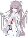  1girl absurdres bad_id bad_pixiv_id bandages bandaid bdsm blush bondage bound bow chain choker closed_mouth clothes_lift cross cross_earrings dress earrings fringe_trim full_body green_eyes hair_bow highres jewelry long_hair looking_at_viewer navel no_panties original purple_hair revealing_clothes simple_background sitting skirt skirt_lift solo thighhighs twintails white_dress white_thighhighs yuzuno_kaori 