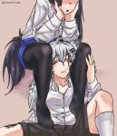  2girls animal_ears arknights between_legs black_hair black_pantyhose black_shorts blush closed_eyes closed_mouth commentary grey_hair highres lappland_(arknights) material_growth multiple_girls open_mouth oripathy_lesion_(arknights) pantyhose parted_lips ryouriyuurei scar scar_across_eye scar_on_face shirt shorts tail texas_(arknights) white_shirt wolf_ears wolf_girl wolf_tail yuri 