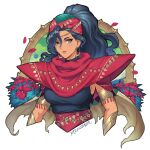  1girl black_shirt blue_hair breasts cape circlet crescent crescent_earrings cropped_torso dark-skinned_female dark_skin dragon_ball earrings fire_emblem fire_emblem:_fortune's_weave flower gold_earrings green_eyes headscarf high_ponytail jewelry leda_(fire_emblem) long_hair looking_at_viewer meziosaur ponytail red_cape red_headscarf shirt solo wavy_hair 