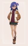  1girl blue_eyes blush boots brown_boots brown_sleeves casual closed_mouth commentary crack_lack_good_luck dark-skinned_female dark_skin full_body green_skirt grey_background hair_between_eyes hair_bobbles hair_ornament hands_in_pockets highres hood hooded_jacket jacket lace-up_boots light_smile long_sleeves looking_at_viewer medium_hair miniskirt official_art one_side_up open_clothes open_jacket plaid_clothes plaid_skirt pleated_skirt purple_eyes red_sweater simple_background skirt solo standing sweater tft_(tft7822) thick_eyebrows tsuchimikado_miko turtleneck turtleneck_sweater white_jacket 