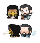  2boys a_miao beard black_hair blue_eyes blush chewing chibi chibi_only commentary_request connected_beard facial_hair food food_on_face holding holding_food hood hood_up male_focus mask mature_male mortal_kombat_(series) mouth_mask multiple_boys no_pupils scar scar_on_face scorpion_(mortal_kombat) short_hair simple_background sub-zero sweet_potato white_background white_eyes 