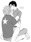  2boys belt commentary_request denim french_kiss glasses greyscale haikyuu!! haruko_(chikadoh) jeans kiss male_focus monochrome multiple_boys pants polo_shirt shirt short_hair simple_background star_(symbol) star_print straddling t-shirt takeda_ittetsu translation_request ukai_keishin upright_straddle white_background yaoi 