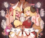  1boy 2girls absurdres ahoge anila_(granblue_fantasy) bar_censor bare_arms bare_shoulders belt black_dress blonde_hair blush breasts brooch brown_hair brown_horns censored cleavage colored_inner_hair commentary_request cooperative_paizuri dark-skinned_female dark_skin draph dress faceless faceless_male gran_(granblue_fantasy) granblue_fantasy group_sex heart heart_brooch height_difference highres horns huge_ahoge jewelry kumbhira_(granblue_fantasy) large_breasts large_horns large_penis long_bangs long_earlobes long_hair looking_at_penis minomushi4649 multicolored_hair multiple_girls muscular muscular_male nose_blush nude orange_eyes paizuri penis penis_awe pointy_ears purple_hair red_dress red_ribbon ribbon shortstack size_difference standing steam steaming_body sweat talking teamwork_(sexual) teeth threesome two-tone_dress upper_teeth_only very_long_hair white_belt white_horns yellow_dress yellow_eyes 