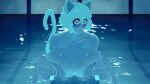  1girl absurdres animal_ears blue_eyes breasts cat_ears cat_girl cat_tail commentary crazy_eyes english_commentary fingernails highres huge_breasts hunter_x_hunter large_areolae long_fingernails neferpitou nipples nude outstretched_hand partially_submerged pool rakkurakku short_hair skinny_dipping smile tail water wet white_hair wide-eyed 