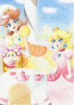 2022 absurd_res alternative_fashion anthro armwear biped blonde_hair blue_ear_piercing blue_eyes blue_gem claws clothed clothed_human clothing colored_pencil_(artwork) container crown cup dragon_koopa dress drinking elbow_gloves eyelashes female female_anthro female_human finger_claws gem gloves green_gem group hair handwear headgear hi_res hime_lolita holding_container holding_cup holding_object human j-fashion japanese_description jewelry koopa koopaling lolita_(fashion) mammal mario_bros necklace nintendo orange_hair outside pearl_(gem) pearl_necklace pink_bow pink_clothing pink_dress polka_dot_bow princess_daisy princess_peach ribbon1984 scalie sitting standing tea_party teapot traditional_media_(artwork) trio wendy_o._koopa white_clothing white_gloves white_handwear yellow_body yellow_clothing yellow_dress