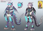  1ch1ka81 1girl 2girls animal_feet aqua_eyes armor asymmetrical_hair bare_shoulders black_shorts black_wings blue_claws chinese_commentary chinese_text claws commentary_request cropped_jacket dinosaur_girl dragon_girl english_text exoskeleton fake_claws flat_color fur-trimmed_hood fur_collar fur_trim gradient_background grey_background hair_ornament headgear highres hood hood_down hooded_jacket horns jacket leotard looking_at_viewer mecha_musume mechanical_horns mechanical_tail mechanical_wings multiple_girls original pink_hair purple_armor scales sharp_teeth short_hair_with_long_locks short_sleeves shorts sidelocks spiked_armor spiked_tail spikes standing tail tarot teeth the_magician_(tarot) thigh_strap torn_clothes torn_shorts wings 
