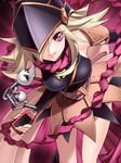  blonde_hair cellphone detached_sleeves duel_monster gagaga_girl hair_over_one_eye hat nanako_m phone red_eyes skirt skull solo wizard_hat yuu-gi-ou yuu-gi-ou_zexal 