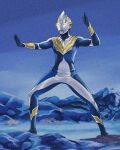  1boy alien arm_guards blue_skin blue_sky blue_theme byackopath_(artist) chest_guard color_timer colored_skin commentary compound_eyes crystal dorsal_fin feet_out_of_frame fighting_stance film_grain forehead_jewel fusion giant giant_male glowing glowing_eyes hands_up highres legs_apart looking_ahead male_focus mountainous_horizon multicolored_skin no_pupils outdoors outstretched_arm pectorals shin_guards silver_skin sky solo standing tokusatsu toned toned_male two-tone_skin ultra_series ultraman_cosmos ultraman_cosmos_(luna_mode) ultraman_cosmos_(series) ultraman_trigger ultraman_trigger_(multi_type) ultraman_trigger_(series) white_eyes wrinkled_skin 