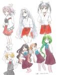  6+girls akigumo_(kancolle) black_hair black_vest blonde_hair braid clenched_hands collared_shirt crossed_arms dress gloves green_hair grey_hair hair_ribbon hakama hakama_shorts hakama_skirt holding ima_(minitomato123) japanese_clothes kantai_collection kimono long_hair long_sleeves maikaze_(kancolle) multicolored_hair multiple_girls naganami_(kancolle) one_eye_closed open_mouth pantyhose pink_hair pleated_skirt ponytail purple_dress ribbon shirt short_sleeves shorts shoukaku_(kancolle) side_ponytail simple_background single_braid sitting skirt sleeveless sleeveless_dress translation_request twintails vest white_background white_gloves white_hair white_kimono white_shirt wide_sleeves yuugumo_(kancolle) zuihou_(kancolle) zuikaku_(kancolle) 