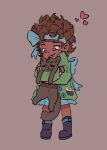  1girl :3 a_hat_in_time animal belt belt_boots belt_buckle black_boots black_cat blue_belt blue_bow blue_hairband blue_skirt boots bow bow_hairband bow_kid brown_background brown_hair buckle buttons cat child closed_mouth commentary dark-skinned_female dark_skin english_commentary frilled_sleeves frills full_body green_jacket hairband head_on_head head_rest heads_together heart holding holding_animal holding_cat hug jacket kinky_hair long_sleeves looking_at_animal looking_down princesskuutti purple_eyes short_hair skirt solo 