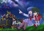  4boys advenger aircraft airship between_legs black_hair blue_hair blue_pants blue_shoes boots brown_boots brown_hair brown_shawl brown_shorts captain_shark closed_mouth commentary_request dran drill_silver fire_silver grass green_eyes green_shirt hand_between_own_legs harashima_takuya highres jacket jet_silver katana leon_(ougon_yuusha_goldran) locomotive looking_afar low_ponytail male_focus mecha multiple_boys night on_ground open_clothes open_jacket open_mouth ougon_yuusha_goldran outdoors outstretched_arm pants pointing ponytail purple_eyes purple_pants red_jacket rinrin_(rinrindarinko) robot serious_walzac shawl shirt shoes shorts smile sorakage standing star_(sky) star_silver steam_locomotive suganuma_dai super_robot sweater sword tokimura_kazuki v-fin weapon white_jacket white_shirt yellow_sweater yuusha_series 