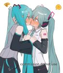  2girls anger_vein black_skirt blue_eyes blue_hair blue_necktie blush collared_shirt commentary commission detached_sleeves dual_persona eye_contact french_kiss grey_shirt hand_in_another's_hair hatsune_miku hatsune_miku_(vocaloid4) hatsune_miku_(vocaloid6) highres holding_another's_wrist kiss looking_at_another multiple_girls necktie rskrkr saliva selfcest shirt simple_background skirt sleeveless sleeveless_shirt spoken_anger_vein squiggle twintails v4x vocaloid watermark white_background white_shirt yuri 