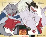 abdominal_scar anthro apron black_helmet black_sclera blaidd_(elden_ring) blue_eyes canid canine canis cash_register cloak clothed clothing collared_shirt dahecksajerry dialogue dress_shirt duo elden_ring english_text facial_scar fromsoftware fully_clothed fur gradient_background grey_body grey_fur hair hi_res interrupted_speech long_hair maidenless_(meme) male maliketh_(elden_ring) mammal meme name_tag open_clothing open_shirt open_topwear partially_clothed patreon_username scar shirt simple_background snout snout_scar teeth text tongue tongue_out topwear white_apron white_clothing white_hair wolf