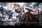  2girls absurdres antenna_hair arknights black_gloves black_pantyhose breasts chibi chinese_commentary cleavage commentary_request commission crossed_legs demon_girl demon_horns demon_tail feet_out_of_frame fingerless_gloves gloves grey_hair gun hair_between_eyes highres horns letterboxed looking_at_viewer medium_hair mini_person minigirl multiple_girls official_alternate_costume open_mouth orange_eyes pantyhose qingjiao_bu_hua_hua red_horns red_nails sitting slit_pupils smile solo_focus tail thighband_pantyhose torn_clothes torn_pantyhose w_(arknights) weapon wis'adel_(arknights) wis'adel_(supernova)_(arknights) 