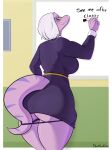 2026 abstract_background anthro artist_name big_breasts big_butt big_tail blue_clothing blue_panties blue_underwear border breasts bubble_butt butt ceratosaurid ceratosaurus clothed clothing clothing_pull curvy_figure davidsanchan digital_drawing_(artwork) digital_media_(artwork) dinosaur dress elderly elderly_anthro elderly_female english_text eyelashes female fingers glistening glistening_body glistening_butt glistening_legs glistening_scales glistening_tail glistening_thighs goodbye_volcano_high grey_hair hair hi_res huge_hips huge_thighs imminent_sex ko_op_(game_developer) long_tail looking_at_viewer looking_back looking_back_at_viewer marker markings medium_hair motion_lines mrs._roberts_(gvh) multicolored_body multicolored_scales panties panties_down panty_pull partially_clothed prehistoric_species purple_body purple_scales purple_stripes reptile saurischian scales scalie sharp_teeth smile snout solo striped_body striped_markings striped_scales striped_tail stripes tail tail_markings teacher teeth text theropod thick_thighs two_tone_body two_tone_scales underwear underwear_down underwear_pull voluptuous voluptuous_anthro voluptuous_female watermark white_border wide_hipped_anthro wide_hipped_female wide_hips yellow_eyes