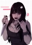  1girl bracelet breasts cam_the_art_guy cleavage cross cross_necklace english_text grid_background hair_ornament hair_over_shoulder hairclip heart highres holding holding_knife holding_weapon jewelry knife large_breasts lipstick long_hair looking_to_the_side makeup multiple_bracelets multiple_rings nail_polish necklace original red_lips ring shaka_sign sleeveless solo speech_bubble tongue tongue_out upper_body veins weapon white_nails 