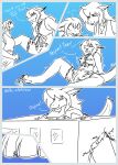 absurd_res anthro aquatic avali blue_background bodily_fluids body_size_growth building building_destruction casual_nudity clothing comic destruction dialogue duo english_text extreme_size_difference female fish foot_on_wall ground_shark growth growth_sequence hi_res larger_female leopard_shark luma_(lumathefloof) moan nervous nervous_smile ollie_sketchess onomatopoeia paw_crush shark simple_background size_difference size_transformation slim small_waist sound_effects stepping sweat tail teasing text torn_clothing transformation trapping triakid zayara_(ollie_sketchess)