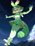  1girl absurdres animal_ears armpits arms_up bow bowtie cat_tail cellval colored_skin commentary_request elbow_gloves extra_ears eye_trail flaming_eye full_body gloves glowing glowing_eyes green_skin grey_hair highres himainu0930 kemono_friends kemono_friends_3 light_trail mountain night outdoors outstretched_arms red_eyes ribbon sandstar shirt shoes short_hair skindentation skirt sleeveless sleeveless_shirt solo spread_arms tail thighhighs 