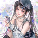  1girl absurdres ay_yiyi beret black_hair blue_eyes blush chinese_commentary choker colorful commentary_request commission cross cross_necklace fingerless_gloves gloves hat highres holding holding_mirror jewelry long_hair looking_at_viewer mirror nail_polish necklace original red_lips solo twintails 