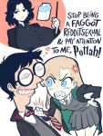  1boy 2girls ^^^ anger_vein atomiksaico biting_own_lip blonde_hair blue_eyes blush breasts clenched_hand closed_mouth clothes_grab coat commentary drink_carton english_commentary english_text genderswap genderswap_(mtf) grey_skirt grey_vest grin hand_on_own_hip harry_potter harry_potter_(series) highres holding holding_wand huge_breasts imagining jealous leaning_forward long_hair malfoid milk_carton multiple_girls necktie necktie_grab neckwear_grab notice_lines open_clothes open_coat profanity reddit rolling_eyes round_eyewear school_uniform severus_snape_(redteneri) simple_background skirt slur_(profanity) smile thinking vest wand white_background wizarding_world 