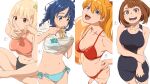 2026 4girls aonori_misuji bikini blonde_hair blue_eyes blue_hair blush boku_no_hero_academia bowl breasts bright_pupils brown_eyes brown_hair chopsticks closed_mouth clothing_request collarbone commentary cowboy_shot eating hair_between_eyes highres holding holding_bowl holding_chopsticks holding_with_chopsticks indian_style large_breasts long_hair lycoris_recoil make_heroine_ga_oo_sugiru! medium_breasts multiple_girls neon_genesis_evangelion nishikigi_chisato one-piece_swimsuit open_mouth red_bikini red_eyes short_hair simple_background sitting small_breasts smile souryuu_asuka_langley swimsuit uraraka_ochaco v white_background white_pupils yanami_anna 