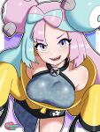  1girl absurdres alternate_breast_size_(larger) blue_hair bow-shaped_hair breasts character_hair_ornament commentary criss-cross_halter fake_hair_bun from_above grey_pantyhose hair_ornament halter_shirt halterneck hexagon_print highres iono_(pokemon) jacket large_breasts long_hair long_sleeves magnemite multicolored_hair nyazuliart open_mouth oversized_clothes pantyhose pink_hair pokemon pokemon_scarlet_and_violet sharp_teeth single_leg_pantyhose sleeves_past_fingers sleeves_past_wrists smile solo split-color_hair teeth yellow_jacket 