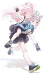  2girls absurdres ahoge animal_ear_fluff animal_ears black_gloves black_shoes black_skirt blazer blue_archive blue_eyes blue_jacket blue_scarf blue_shoes carrying closed_eyes collared_shirt commentary elvn facing_viewer fang fingerless_gloves floating_hair full_body gloves halo highres hoshino_(blue_archive) id_card jacket kneehighs long_hair looking_ahead medium_hair multiple_girls open_mouth piggyback pink_hair pink_halo plaid_clothes plaid_skirt pleated_skirt running scarf school_uniform shiroko_(blue_archive) shirt shoes simple_background skin_fang skirt smile socks untranslatable_commentary waving white_background white_shirt white_socks wolf_ears wolf_girl 