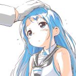  1girl admiral_(kancolle) black_neckerchief black_sailor_collar blue_eyes blue_hair commentary_request flying_sweatdrops gloves hand_on_another's_head kantai_collection long_hair long_sleeves neckerchief parted_lips sailor_collar samidare_(kancolle) school_uniform serafuku simple_background sleeveless solo_focus sweat upper_body watarai_keiji white_background white_gloves 