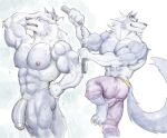 abs action_pose anthro balls balls_outline bathing biceps big_balls big_muscles big_pecs big_penis big_tail bulge bulge_from_behind canid canine capcom darkstalkers detailed_bulge fleshformomo fluffy_body foreskin genital_outline genitals hand_on_hip hi_res jon_talbain long_snout male mammal melee_weapon muscular mythological_canine mythological_creature mythology neck_floof neck_tuft nunchaku pecs penis pose showering snout solo tail tuft vein veiny_penis weapon werecanid werecanine werecreature werewolf
