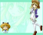  1girl 2000s_(style) :o blonde_hair blue_background brown_hat brown_shoes chibi child commentary_request elehime full_body hair_ribbon hat loafers long_sleeves looking_at_viewer medium_hair moriya_suwako open_mouth photoshop_(medium) purple_skirt purple_vest red_ribbon ribbon ribbon-trimmed_sleeves ribbon-trimmed_thighhighs ribbon_trim shirt shoes skirt skirt_set smile thighhighs touhou turtleneck turtleneck_shirt vest white_shirt white_thighhighs yellow_eyes zoom_layer 