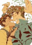  black_hair brown_hair closed_eyes commentary english_commentary green_jacket hair_ornament hakunette hands_up highres imminent_kiss jacket male_focus original retro_artstyle tree upper_body white_background 