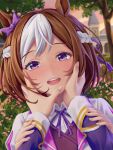  2girls blush character_pov close-up cloud commentary_request evening female_pov grass_wonder_(stone-piercing_blue)_(umamusume) grass_wonder_(umamusume) hand_on_another's_arm hand_on_another's_cheek hand_on_another's_face highres horse_girl looking_at_viewer medium_hair multiple_girls open_mouth outdoors pov purple_eyes sin2a+cos2a=1 smile solo_focus special_week_(special_dreamer)_(umamusume) special_week_(umamusume) tracen_academy umamusume yuri 