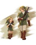  absurdres age_progression alt_text artist_name belt blonde_hair blue_eyes boots brown_belt brown_boots brown_gloves fingerless_gloves full_body gloves green_hat green_tunic hat highres holding holding_instrument holding_ocarina instrument link looking_at_another master_sword ocarina open_mouth pants parted_bangs phrygian_cap pointy_ears shield shield_on_back shirt short_hair sidelocks smile sword sword_on_back the_legend_of_zelda the_legend_of_zelda:_ocarina_of_time time_paradox tunic walking warlockdraws weapon weapon_on_back white_pants white_shirt young_link 
