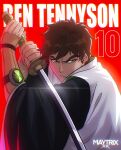  1boy arm_guards artist_name ben_10 ben_tennyson black_kimono bleach brown_hair character_name commentary crossover east-west_crossover english_commentary fighting_stance green_eyes haori highres holding holding_sword holding_weapon japanese_clothes kimono kubo_tite_(style) male_focus maytrixxdx omnitrix parted_lips red_background shihakusho short_hair solo sword taichou_haori two-sided_fabric v-shaped_eyebrows weapon 