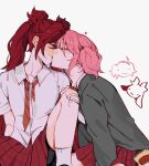  2girls bandaid bandaid_on_knee bandaid_on_leg bike_shorts bike_shorts_under_skirt blazer blush collared_shirt commentary diagonal-striped_clothes diagonal-striped_necktie double_bun eye_contact grey_jacket hair_bun half-closed_eyes heart highres jacket jinx_(league) kid_sppinarl kiss knee_up league_of_legends leaning_forward long_hair looking_at_another lux_(league) miniskirt multiple_girls necktie one_side_up pink_hair red_eyes red_hair red_necktie school_uniform shirt short_hair sitting skirt star_guardian_jinx star_guardian_lux straight_hair striped_clothes striped_necktie undone_necktie v-shaped_eyebrows white_shirt yuri 
