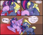 absurd_res anal animal_genitalia animal_penis anus bed blonde_hair blue_eyes blush comic cunnilingus cutie_mark dialogue duo english_text equid equine equine_genitalia equine_penis female feral freckles friendship_is_magic furniture genitals hair hasbro hi_res horn horse male male/female mammal my_little_pony mythological_creature mythological_equine mythology oral penis pony purple_body purple_eyes purple_hair rimming sex star_tracker_(mlp) text twilight_sparkle_(mlp) vaginal veesocks vulva winged_unicorn wings
